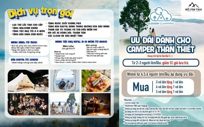 Giá vé tour tham quan và cắm trại Cloud 9 Glamping