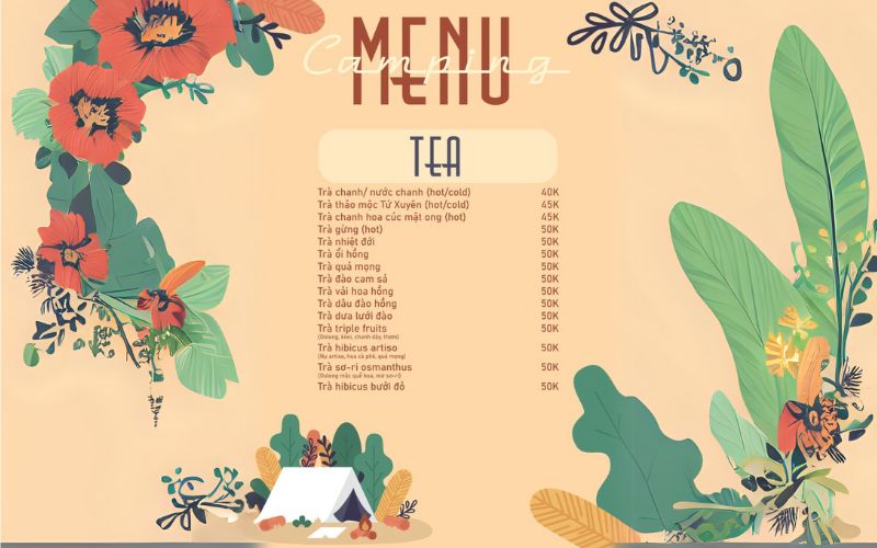 Menu tại Đẩu Camping Hawaii