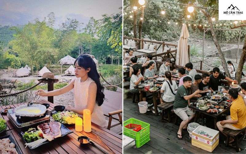 Tại Glamping Róc Rách, bạn sẽ được thưởng thức BBQ ngoài trời và đặc sản núi rừng